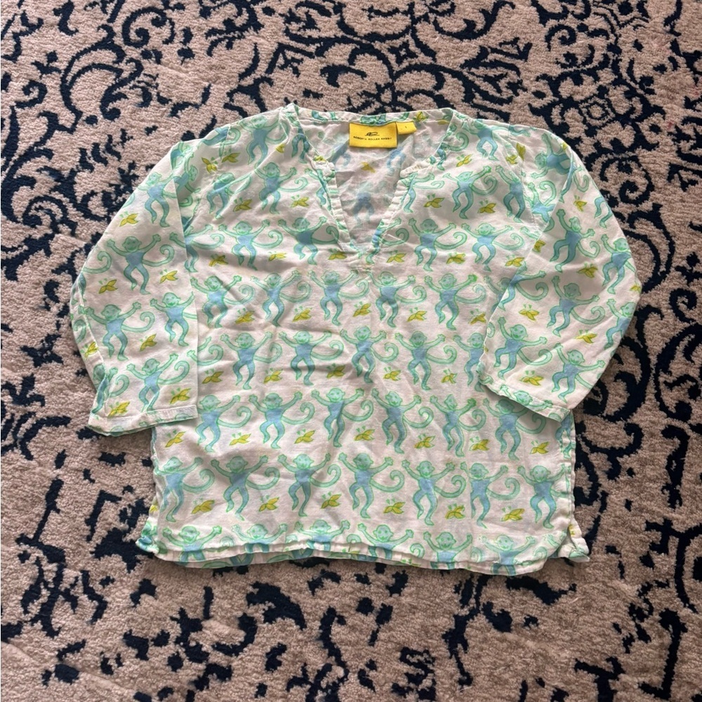 Roberta Roller Rabbit Girls White Tunic with Aqua and Lime Monkey Print
